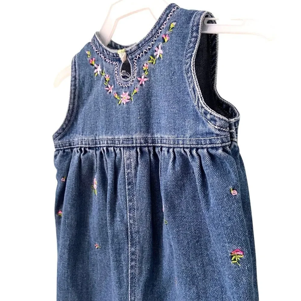 Vintage Embroidered Floral Denim Kids Overalls 100% Cotton in Size 6/9 Months